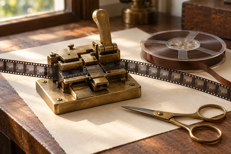 Brass film splicer holding a 16mm film strip, next to a reel of audio tape and brass scissors