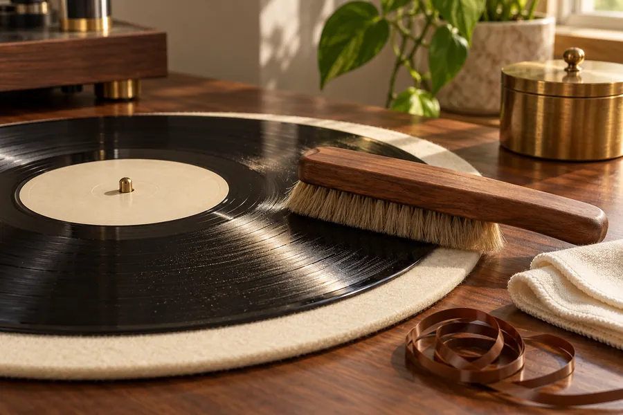 Vinyl record on a cream felt mat with a wooden cleaning brush, a coil of brown tape and a small brass tin