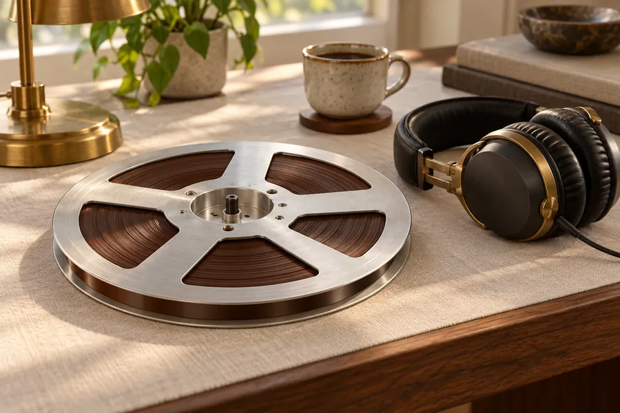 Aluminium open-reel tape reel beside closed-back headphones with brass yokes on a cream linen desk