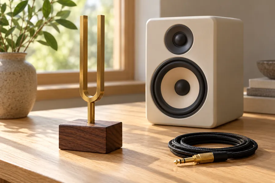 Brass tuning fork in a walnut block beside a cream bookshelf speaker and a coiled headphone cable