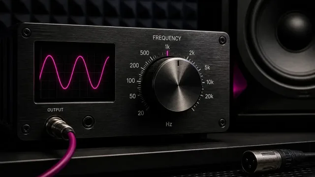 Frequency generator with a sine-wave display beside a studio monitor