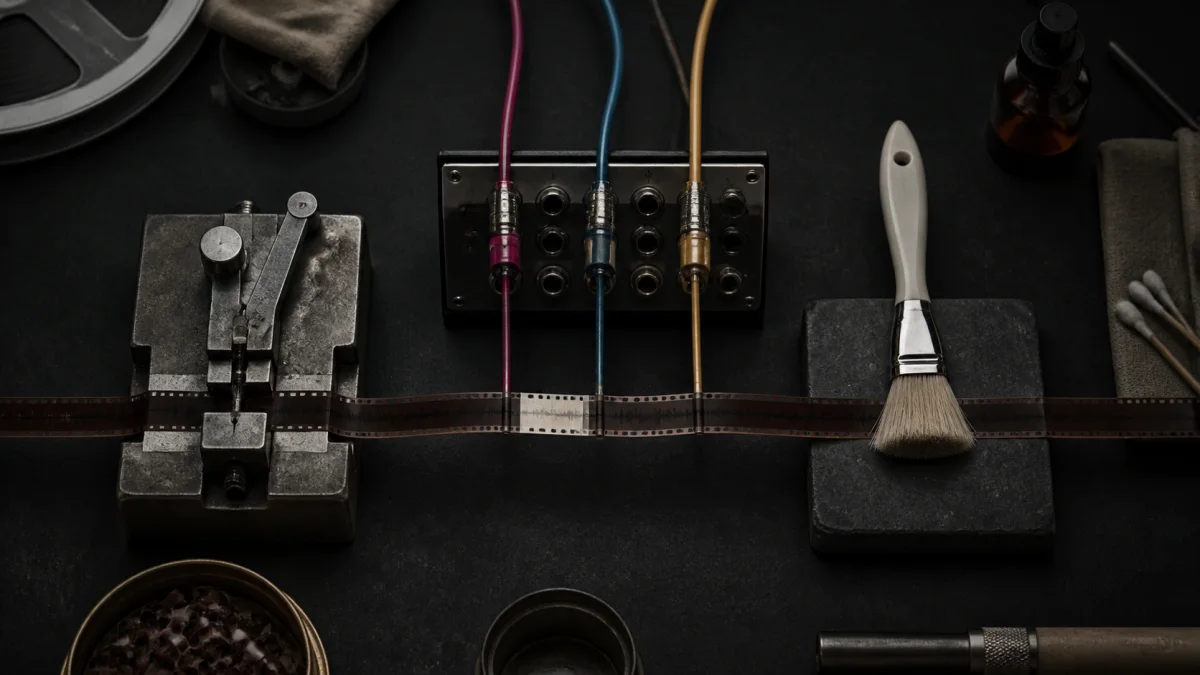 Three audio workflow paths connected to a comparison patch bay