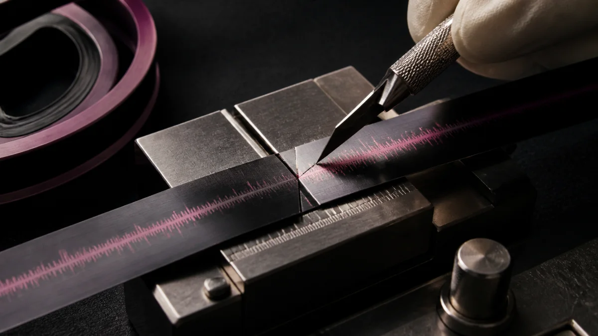 Precision audio edit strip being cut at the waveform edit point