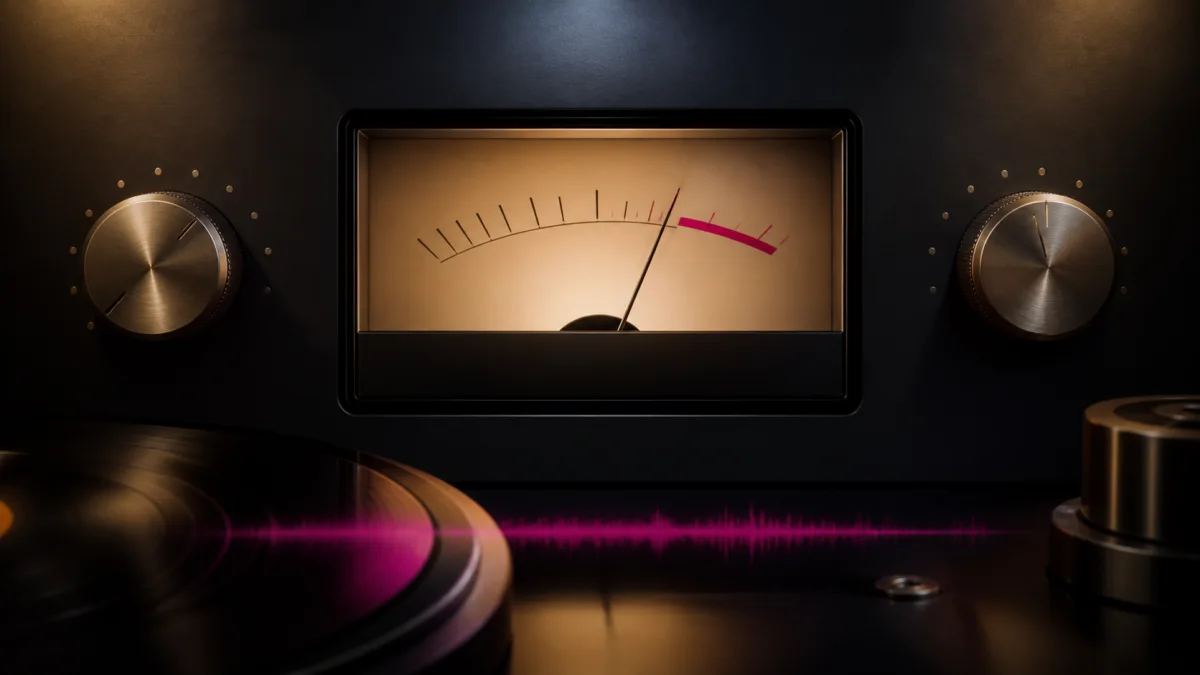 Mastering level meter above a finished waveform and record