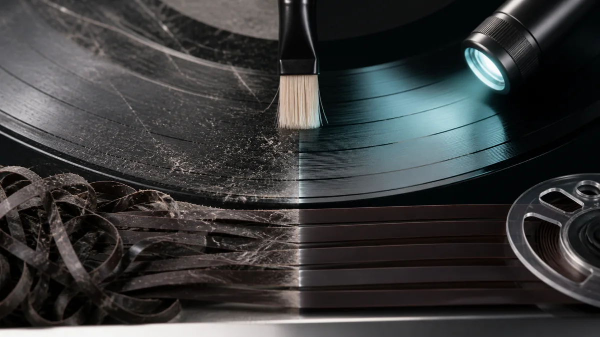 Damaged audio record being cleaned and inspected for restoration
