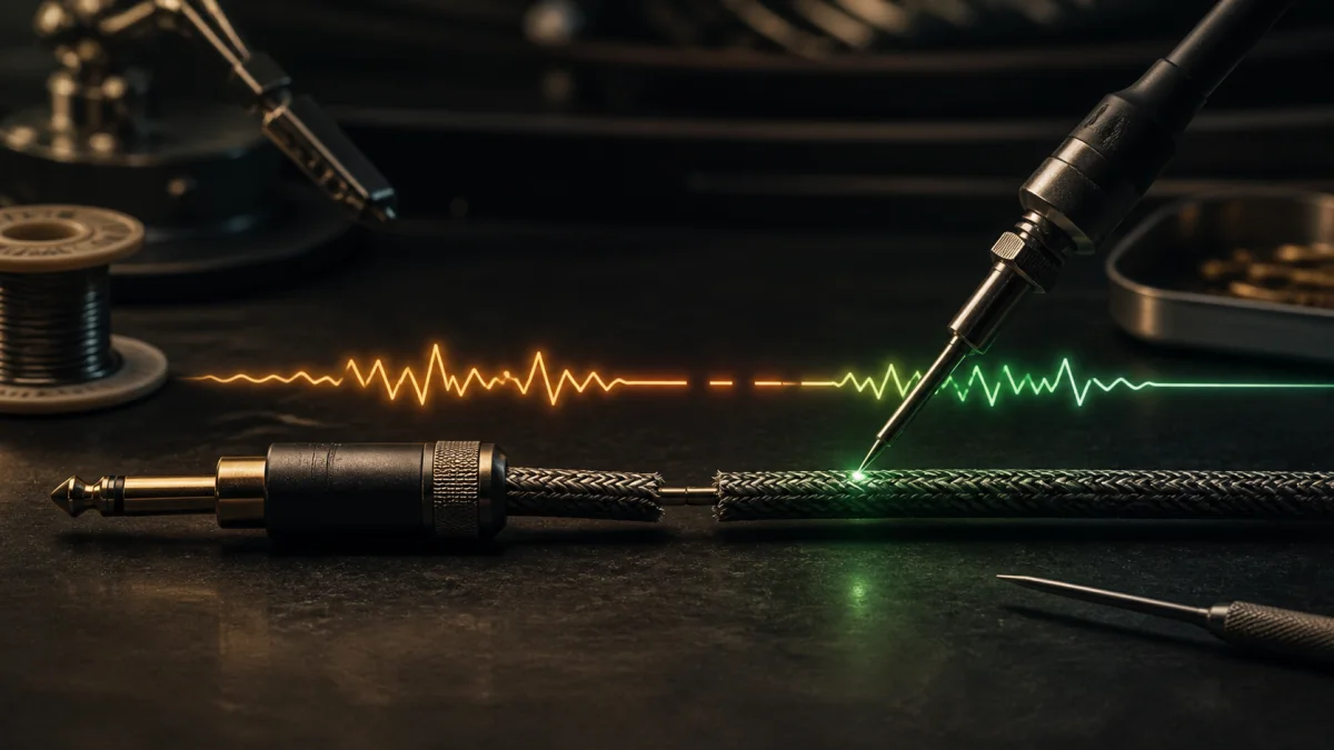 Broken audio cable being diagnosed and repaired at the failed signal point