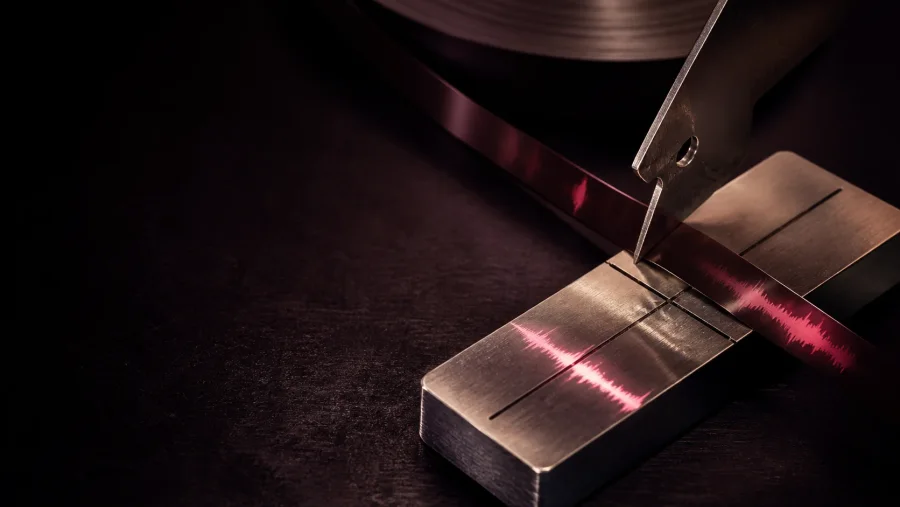 Magnetic audio tape aligned on a precision splicing block with a waveform crossing the edit point