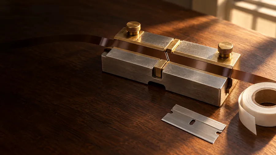 Brown magnetic tape in a steel-and-brass splicing block with a diagonal cut, a razor blade and a roll of white splicing tape on a walnut desk