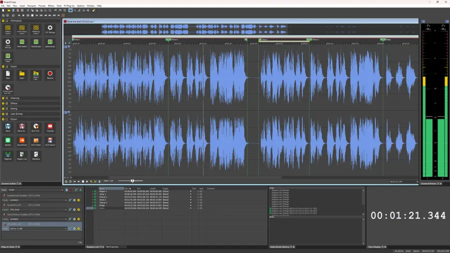 Sound Forge 2026 interface with stereo waveform, transport controls and editing workspace